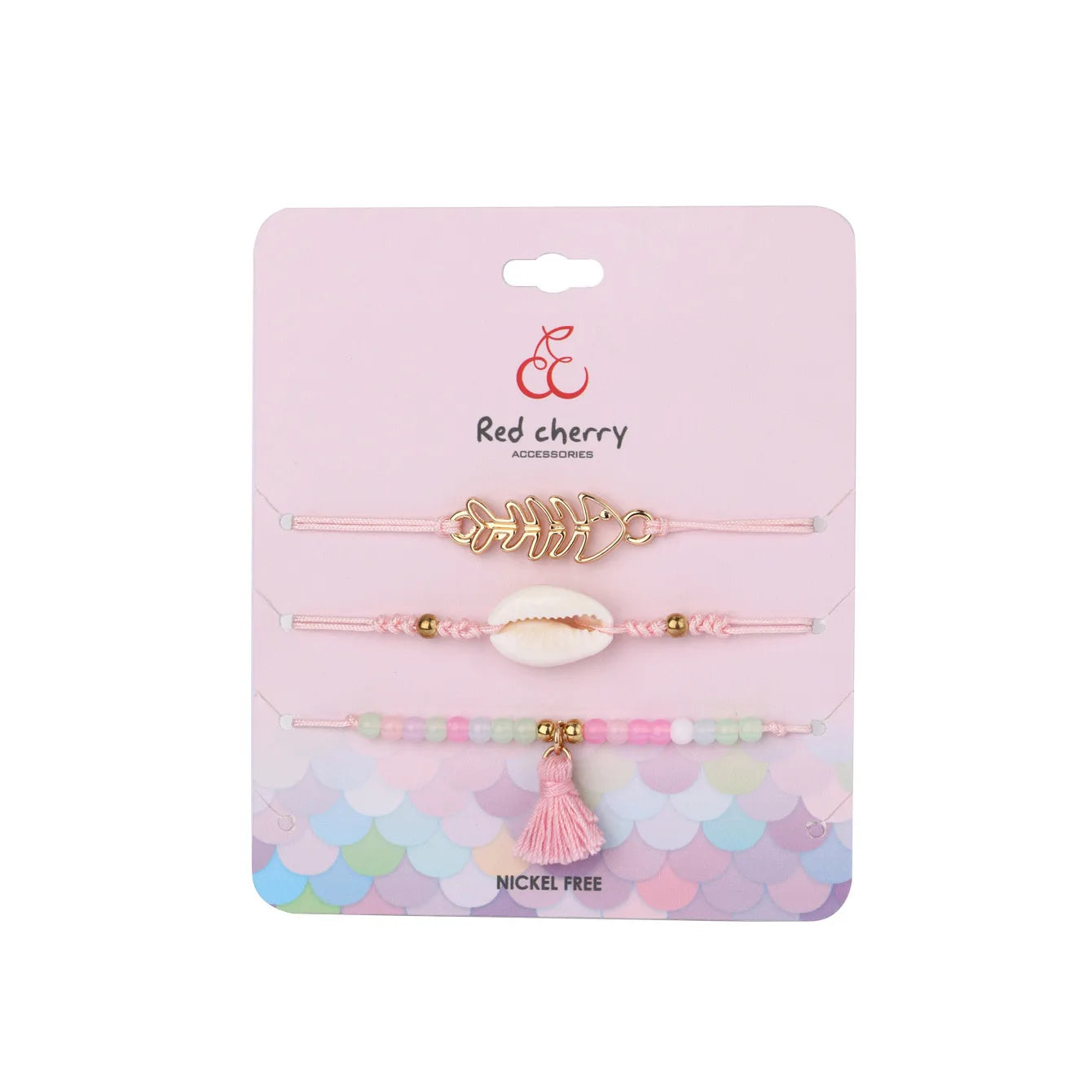 Lot de 3 Bracelets Cordon Réglable avec Carte - Coquillage Arrête de Poisson Perles - Couleurs Pastels - Mignon