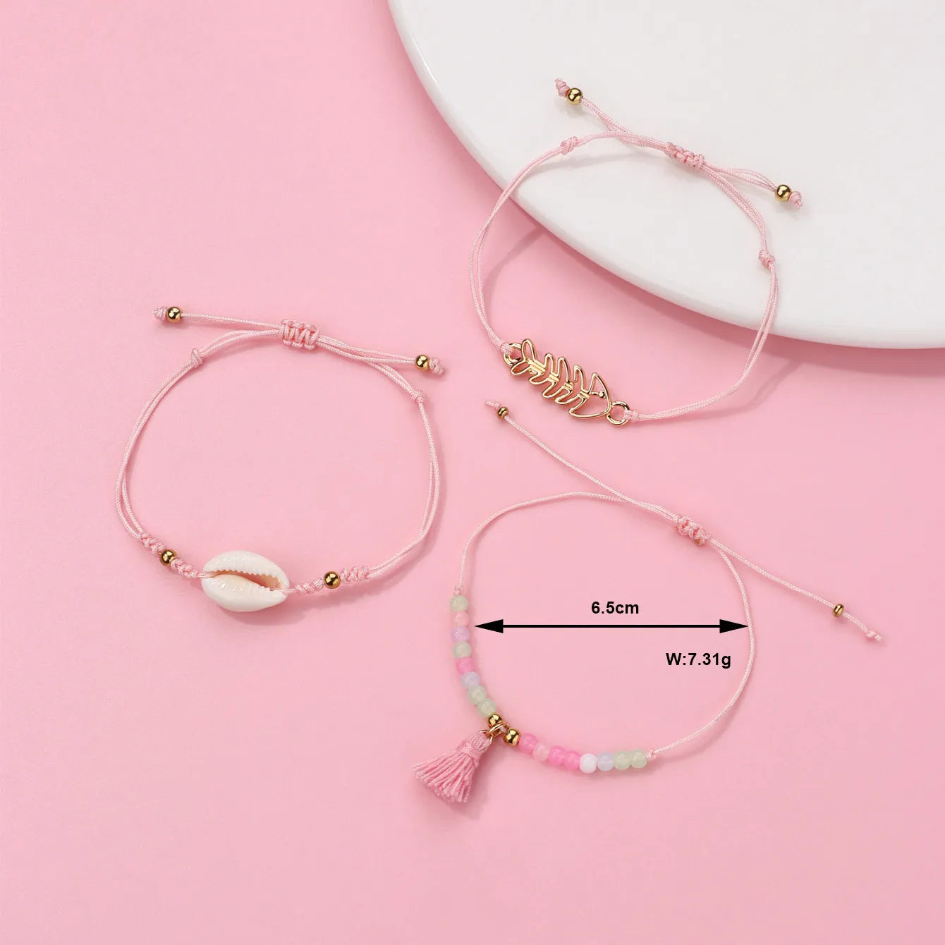 Lot de 3 Bracelets Cordon Réglable avec Carte - Coquillage Arrête de Poisson Perles - Couleurs Pastels - Mignon