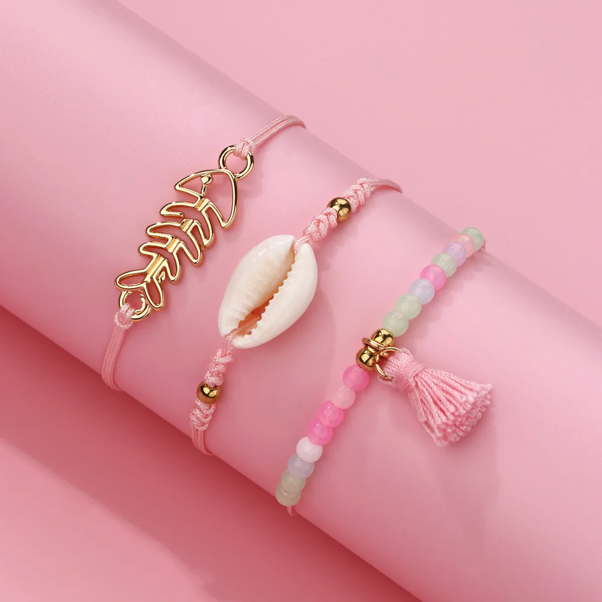 Lot de 3 Bracelets Cordon Réglable avec Carte - Coquillage Arrête de Poisson Perles - Couleurs Pastels - Mignon