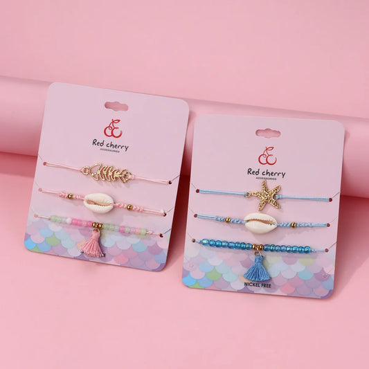 Lot de 3 Bracelets Cordon Réglable avec Carte - Coquillage Arrête de Poisson Perles - Couleurs Pastels - Mignon
