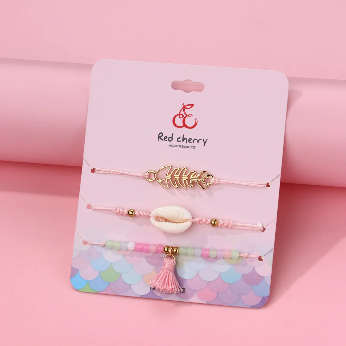 Lot de 3 Bracelets Cordon Réglable avec Carte - Coquillage Arrête de Poisson Perles - Couleurs Pastels - Mignon