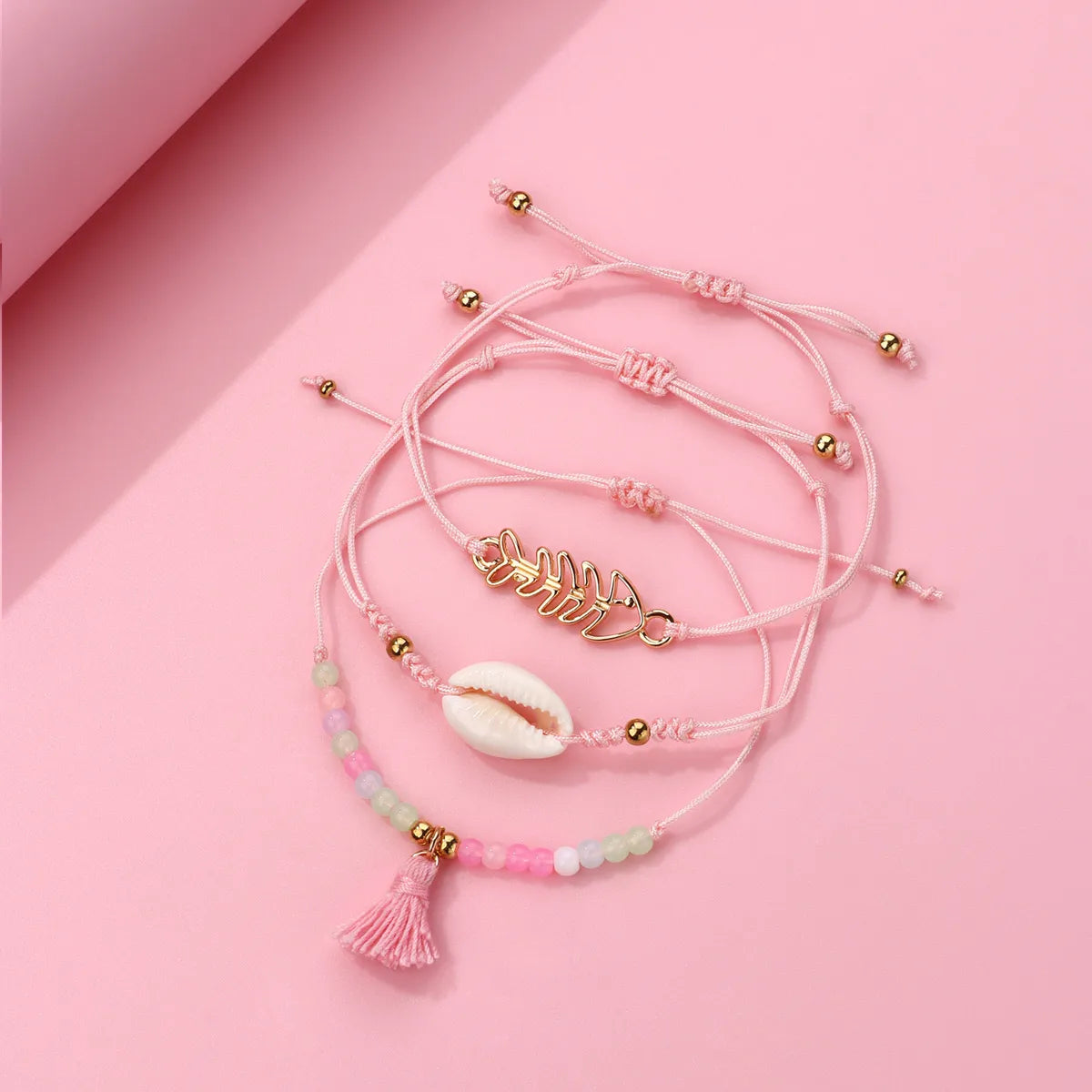 Lot de 3 Bracelets Cordon Réglable avec Carte - Coquillage Arrête de Poisson Perles - Couleurs Pastels - Mignon