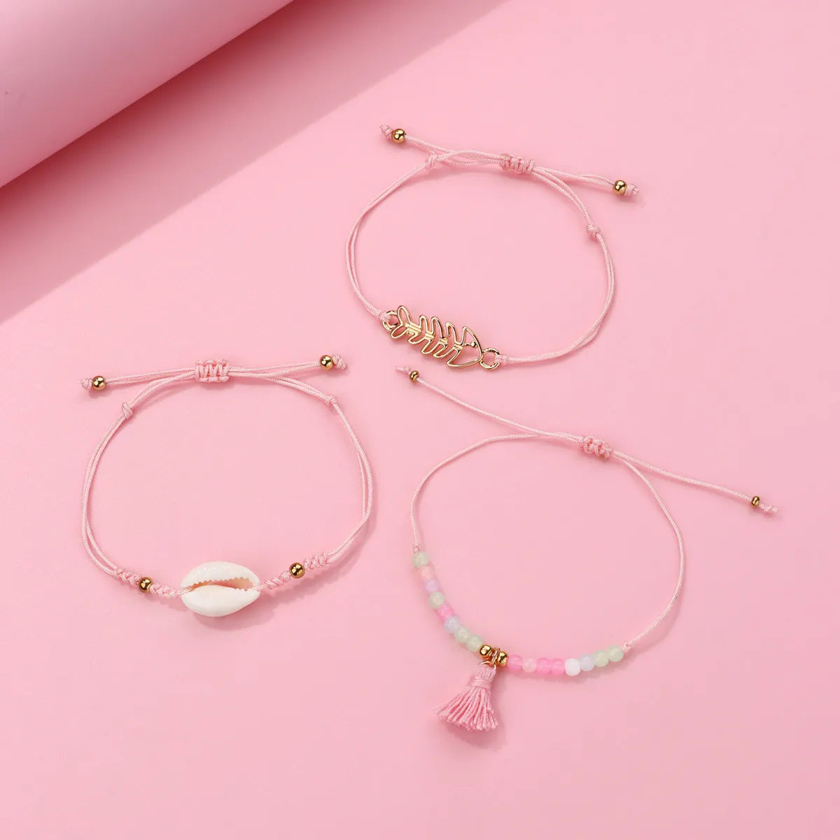 Lot de 3 Bracelets Cordon Réglable avec Carte - Coquillage Arrête de Poisson Perles - Couleurs Pastels - Mignon
