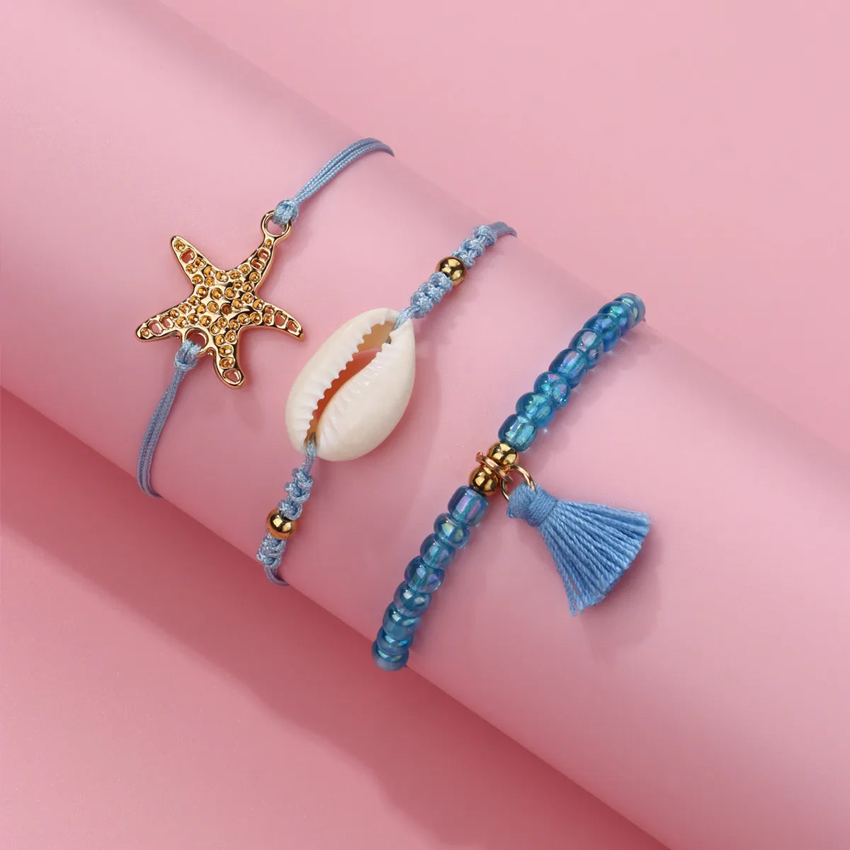 Lot de 3 Bracelets Cordon Réglable avec Carte - Coquillage Arrête de Poisson Perles - Couleurs Pastels - Mignon