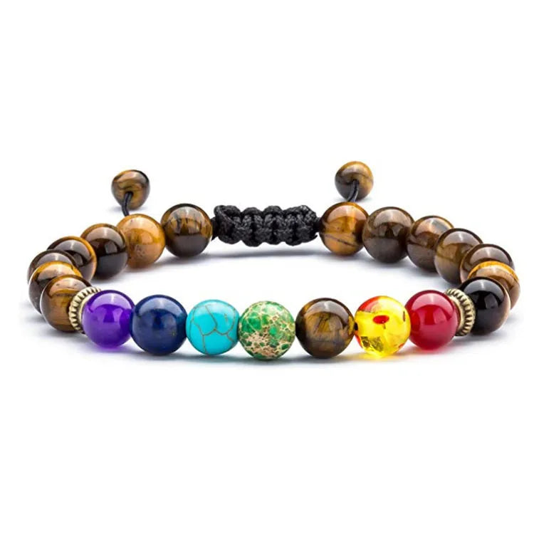 Bracelet Pierre Naturelle Cordon Réglable - 7 Chakras - Jaspe rouge Cornaline Calcite jaune Aventurine Calcite bleue Lapis-lazuli Améthyste