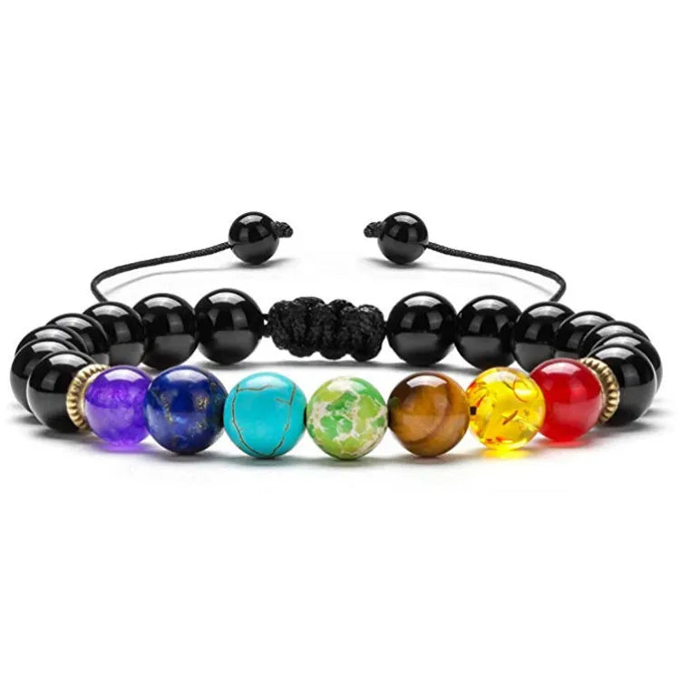Bracelet Pierre Naturelle Cordon Réglable - 7 Chakras - Jaspe rouge Cornaline Calcite jaune Aventurine Calcite bleue Lapis-lazuli Améthyste