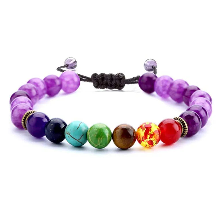 Bracelet Pierre Naturelle Cordon Réglable - 7 Chakras - Jaspe rouge Cornaline Calcite jaune Aventurine Calcite bleue Lapis-lazuli Améthyste