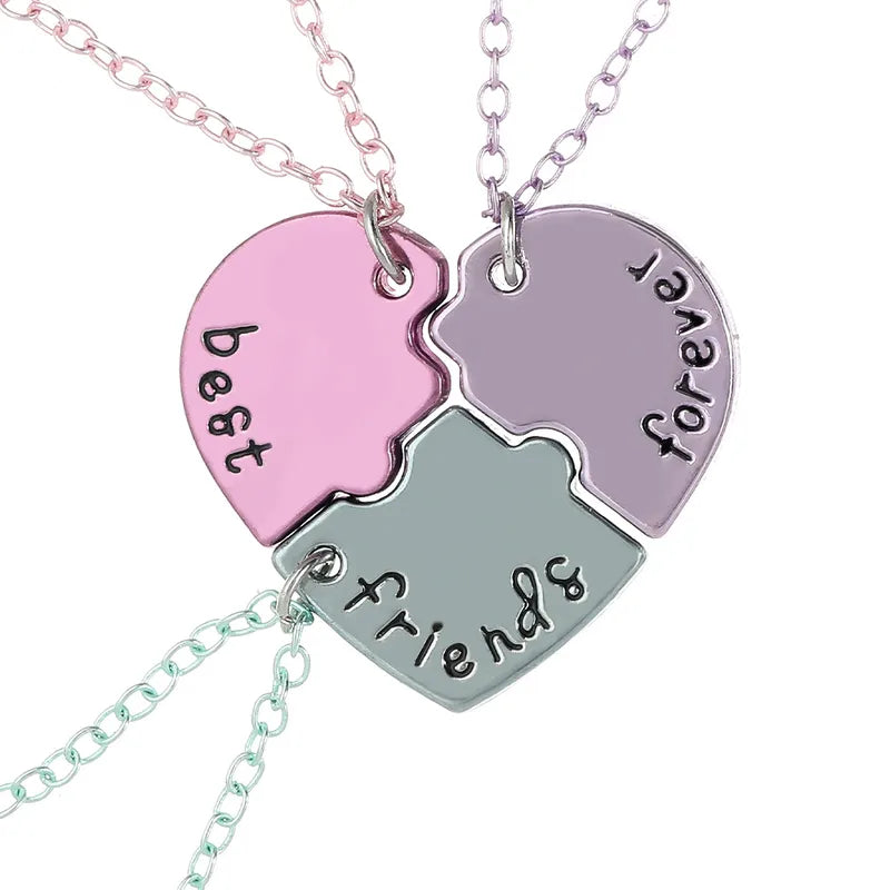 Lot de 3 Colliers D'amitié - Coeur Puzzle - BFF - Best Friends Forever - Pendentif Argenté ou Coloré - Strass - Amitié