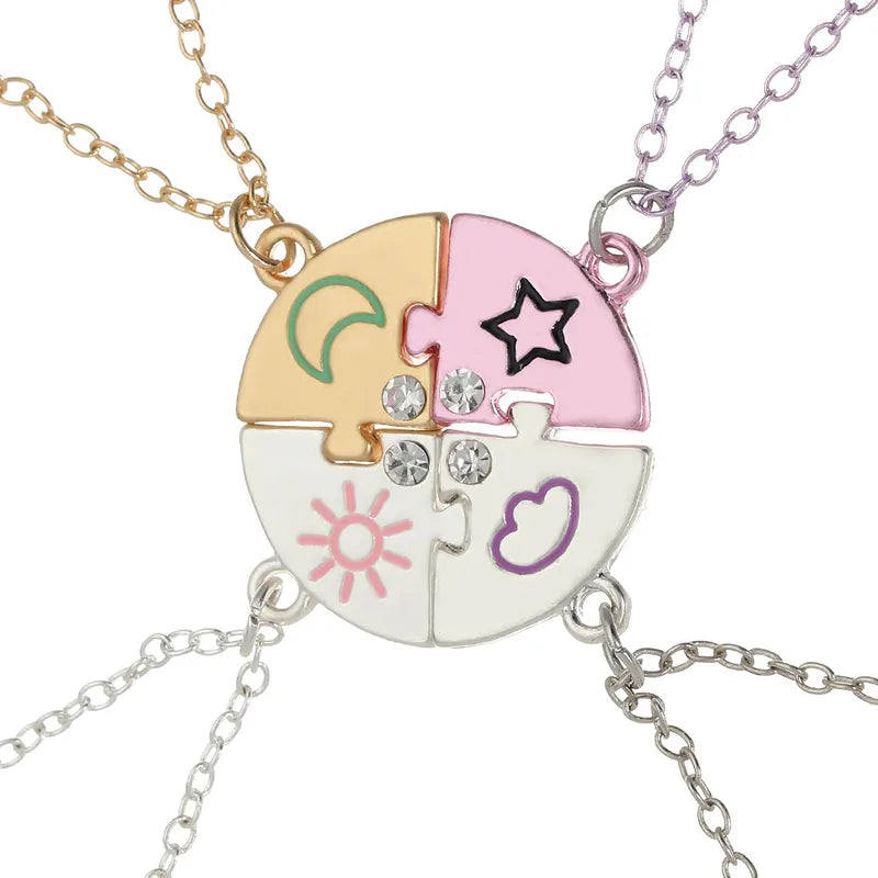 Lot de 4 Colliers D'amitié - Etoile Lune Soleil Nuage - BFF - Best Friends Forever - Pendentif Puzzle Rond - Mignon - Amitié - À Partager
