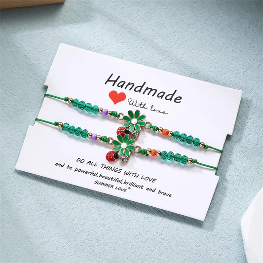 Lot de 2 Bracelets D'amitié Cordon Réglable avec Carte - Marguerite - BFF - Best Friends Forever - Amoureux Couple Amitié