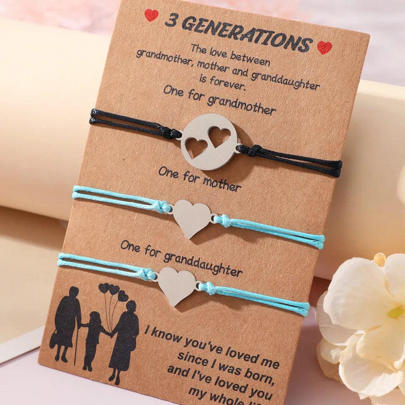 Lot de 3 Bracelets Cordon Réglable avec Carte - Grand-Mère Mère Fille - Famille - Parents Enfant Maman - Pendentif Coeur - Acier Inoxydable