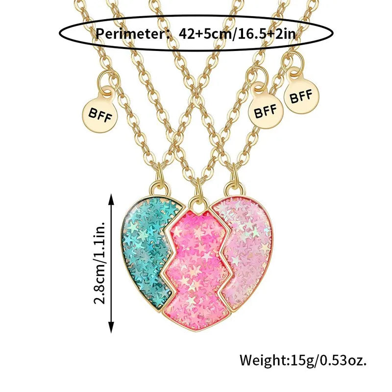 Lot de 3 Colliers BFF Aimanté - Coeur Paillettes - Best Friends Forever - Amitié - Pendentif