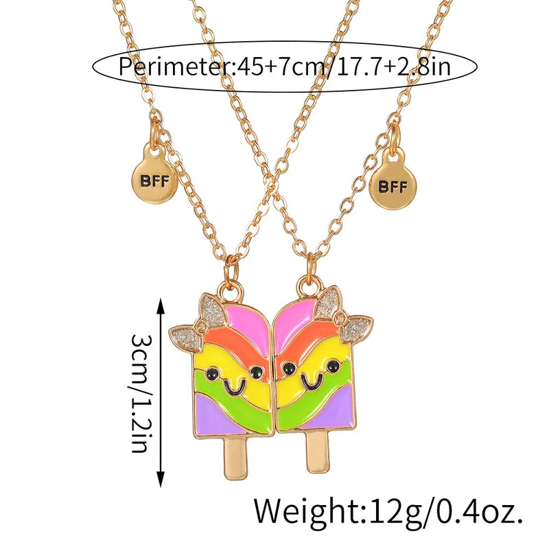 CHILDREN - Set of 2 Chains Friendship Necklaces Cat Unicorn & Heart - BFF Best Friends Forever - Fantasy - Rainbow Resin Pendant