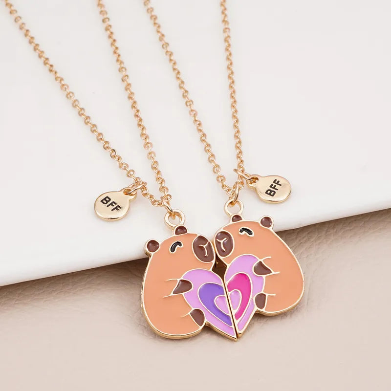 CHILDREN - Set of 2 Chains Friendship Necklaces Cat Unicorn & Heart - BFF Best Friends Forever - Fantasy - Rainbow Resin Pendant