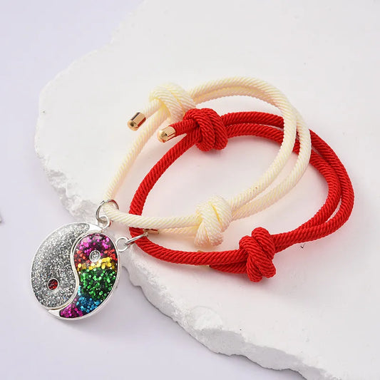 Lot de 2 Bracelets BFF Cordon Réglable - Rond Aimanté Ying Yang - Best Friends Forever - Amoureux Couple Amitié