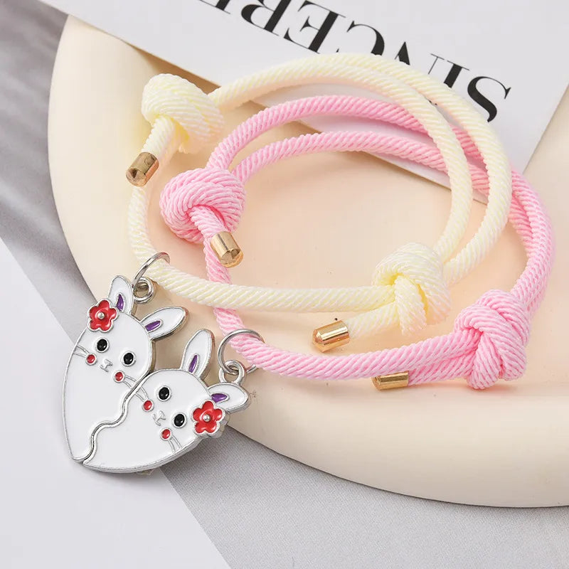 KINDER – Set mit 2 süßen Hasen-Blumen-Herz-Freundschaftsketten – BFF Best Friends Forever – Fantasy – Magnetanhänger