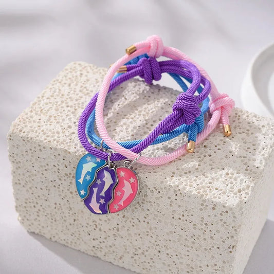 Lot de 3 Bracelets BFF Cordon Réglable - Coeur Aimanté Dauphins - Best Friends Forever - Couple Amitié