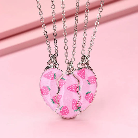 Lot de 3 Colliers BFF Aimanté - Coeur Fraises - BFF - Best Friends Forever - Amitié - Pendentif Aimanté - Mignon