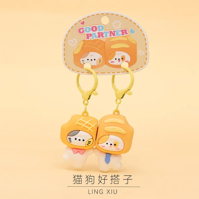 Porte Clés - Mignon Chien Chat Brioché - A Partager - Aimanté - Amoureux - Meilleurs Amis - Pendentif Sac - BFF - Best Friends - Amitié