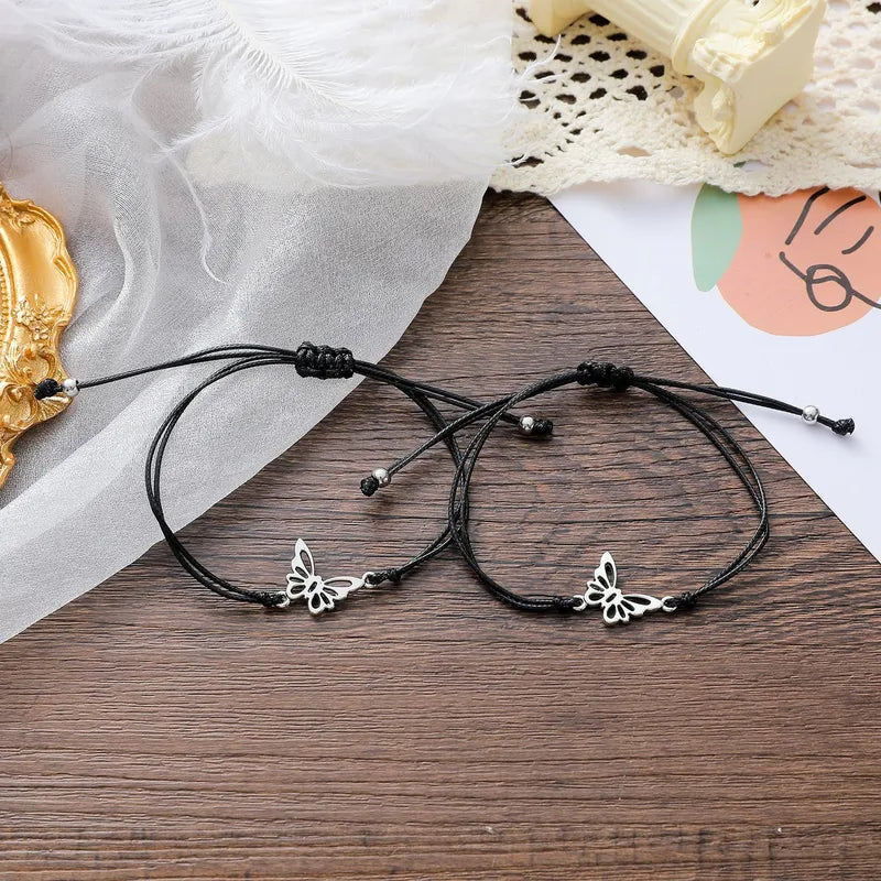 Set of 2 Adjustable Butterfly Friendship Cord Bracelets - BFF Best Friends Forever - Fancy - Stainless Steel