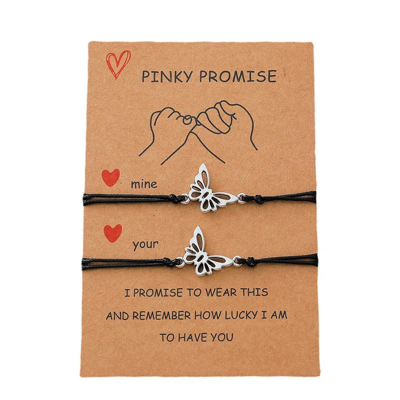 Set of 2 Adjustable Butterfly Friendship Cord Bracelets - BFF Best Friends Forever - Fancy - Stainless Steel