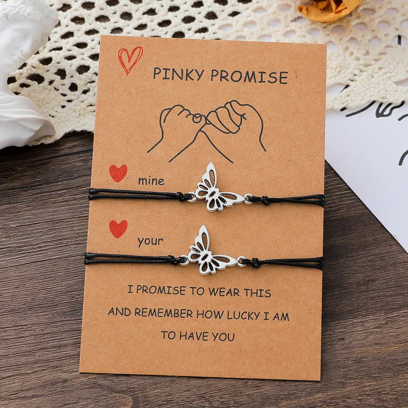 Set of 2 Adjustable Butterfly Friendship Cord Bracelets - BFF Best Friends Forever - Fancy - Stainless Steel