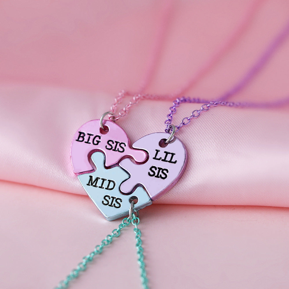 Lot de 3 Colliers - Soeurs - Ainée Cadette Benjamine - Famille Enfant Soeur Filles - Fantaisie - Pendentif Coeur Puzzle