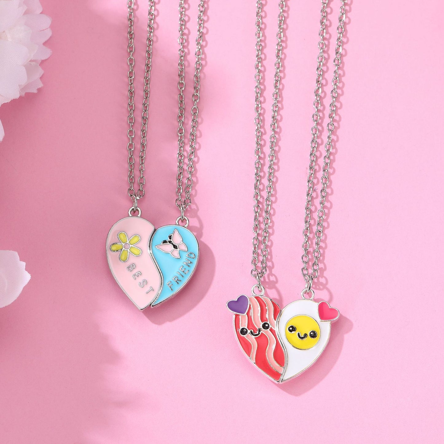 Lot de 2 Colliers D'amitié Aimanté - Coeur Ou Bacon Oeuf - BFF - Best Friends Forever - Amoureux Meilleurs Amis Couple Amitié