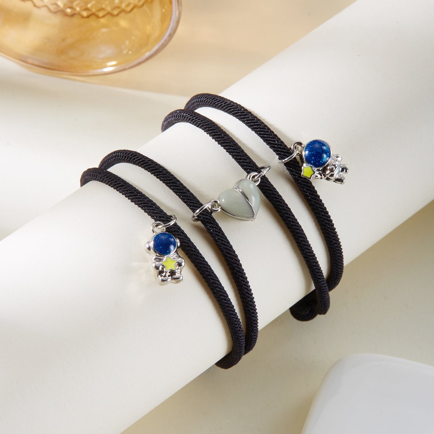 Lot de 2 Bracelets D'amitié Cordon Réglable - Mains Oeil ou Astronautes - Coeur Aimanté Phosphorescent - BFF - Amitié - Couple