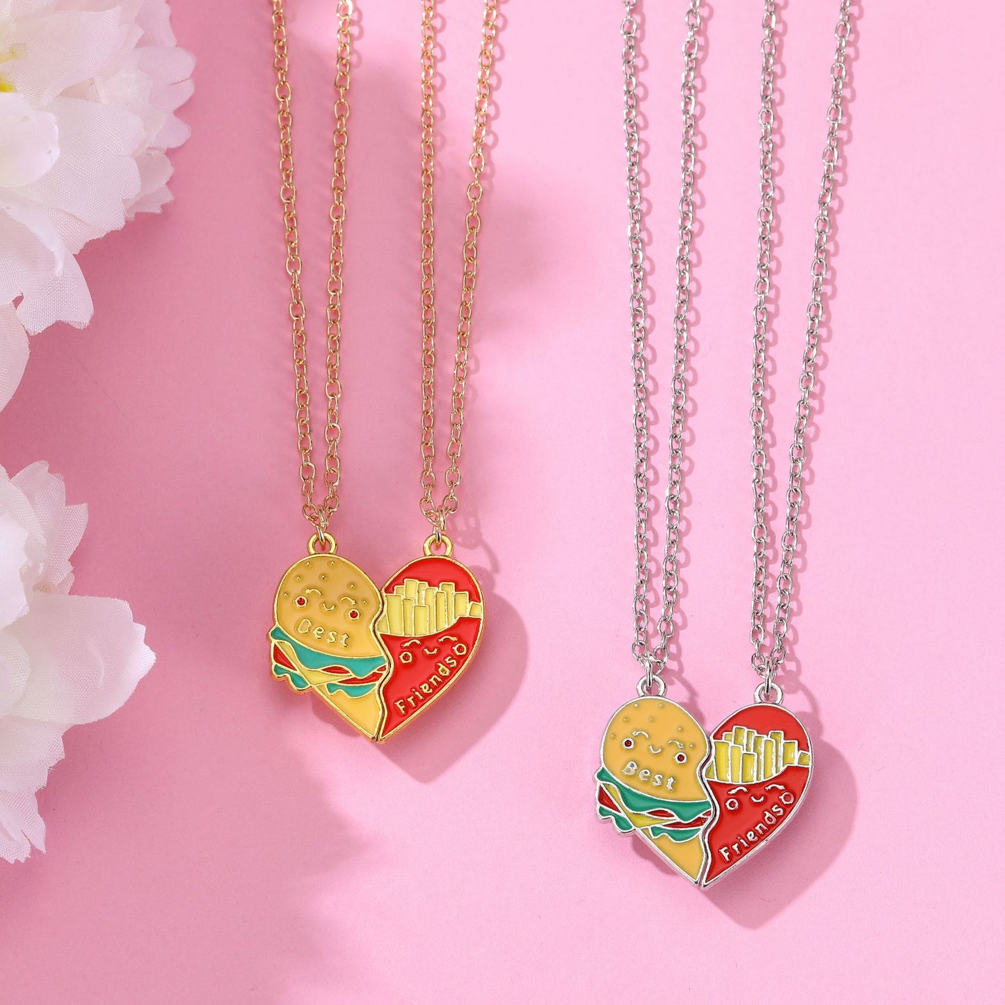 Set of 2 Friendship Necklace Chains | Hamburger Fries Separate to Share | Lovers | Best Friends Couple