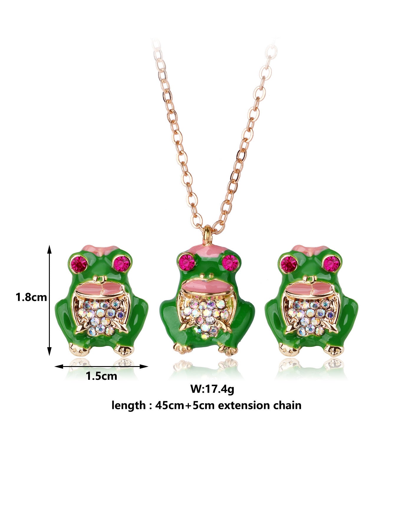 Parure 2 pièces avec Carte - Collier Boucles Oreilles - Grenouille Strass - Mignon Chaine Doré