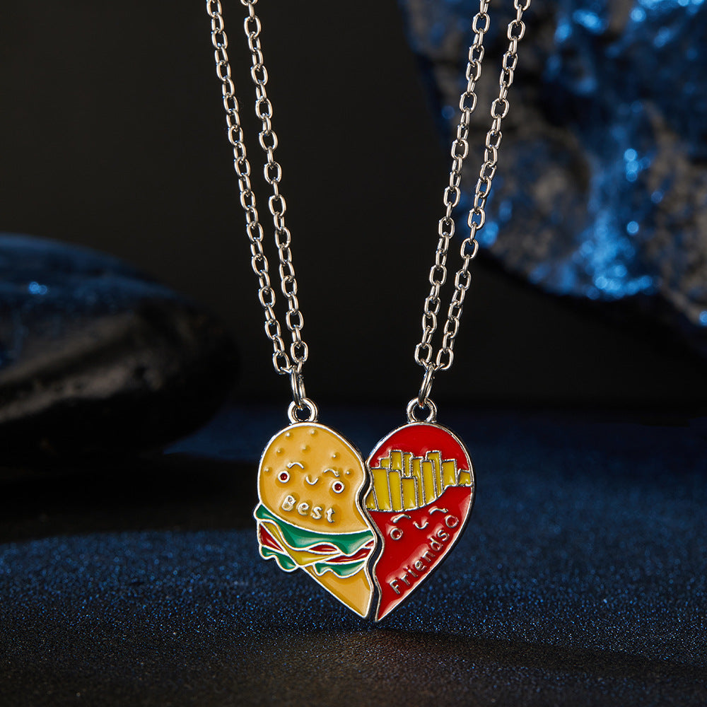 Set of 2 Friendship Necklace Chains | Hamburger Fries Separate to Share | Lovers | Best Friends Couple