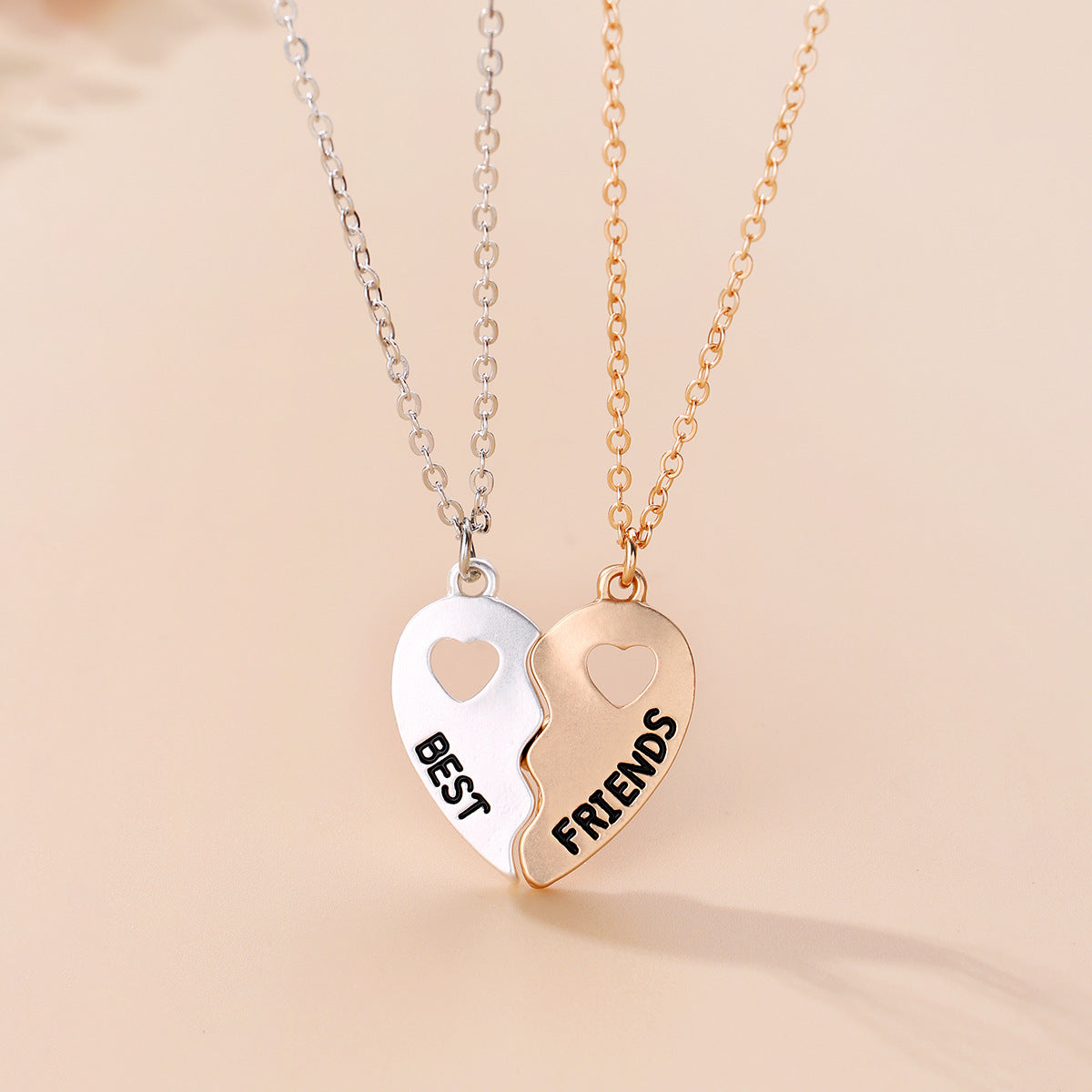 Set of 2 Heart Friendship Necklaces - BFF Best Friends Forever - Fantasy - Silver and Gold Pendant and Chain