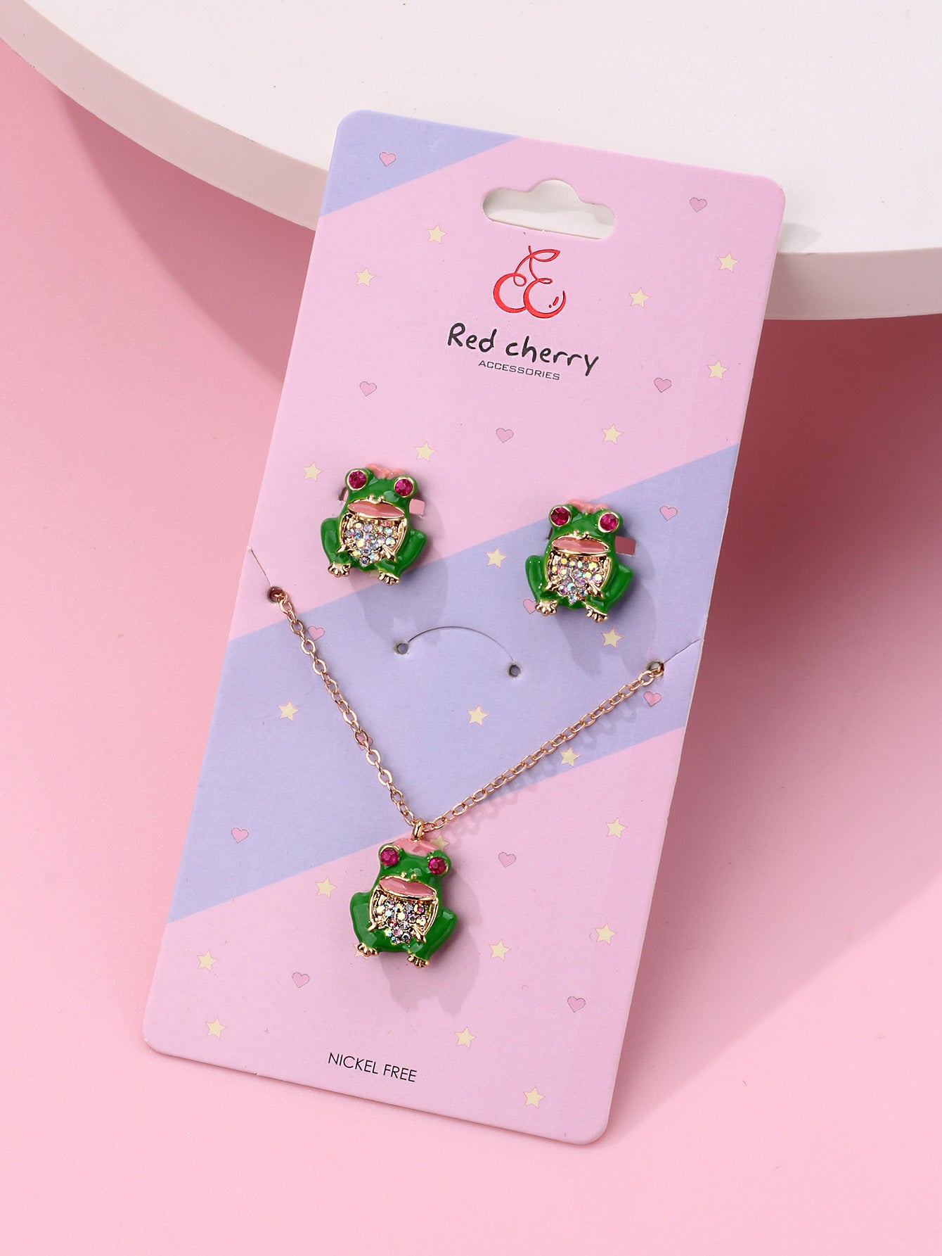 Parure 2 pièces avec Carte - Collier Boucles Oreilles - Grenouille Strass - Mignon Chaine Doré