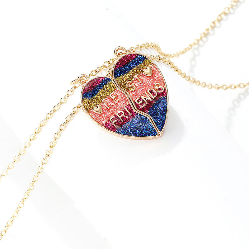 CHILDREN - Set of 2 Glitter Heart Friendship Necklace Chains - BFF Best Friends Forever - Fancy - Magnetic Pendant with Gold Chain