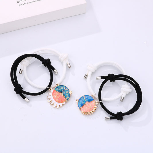 Lot de 2 Bracelets D'amitié Cordon Réglable - Lune Soleil qui s'embrasse - BFF - Best Friends Forever - Pendentif Aimanté - Amoureux Couple Amitié