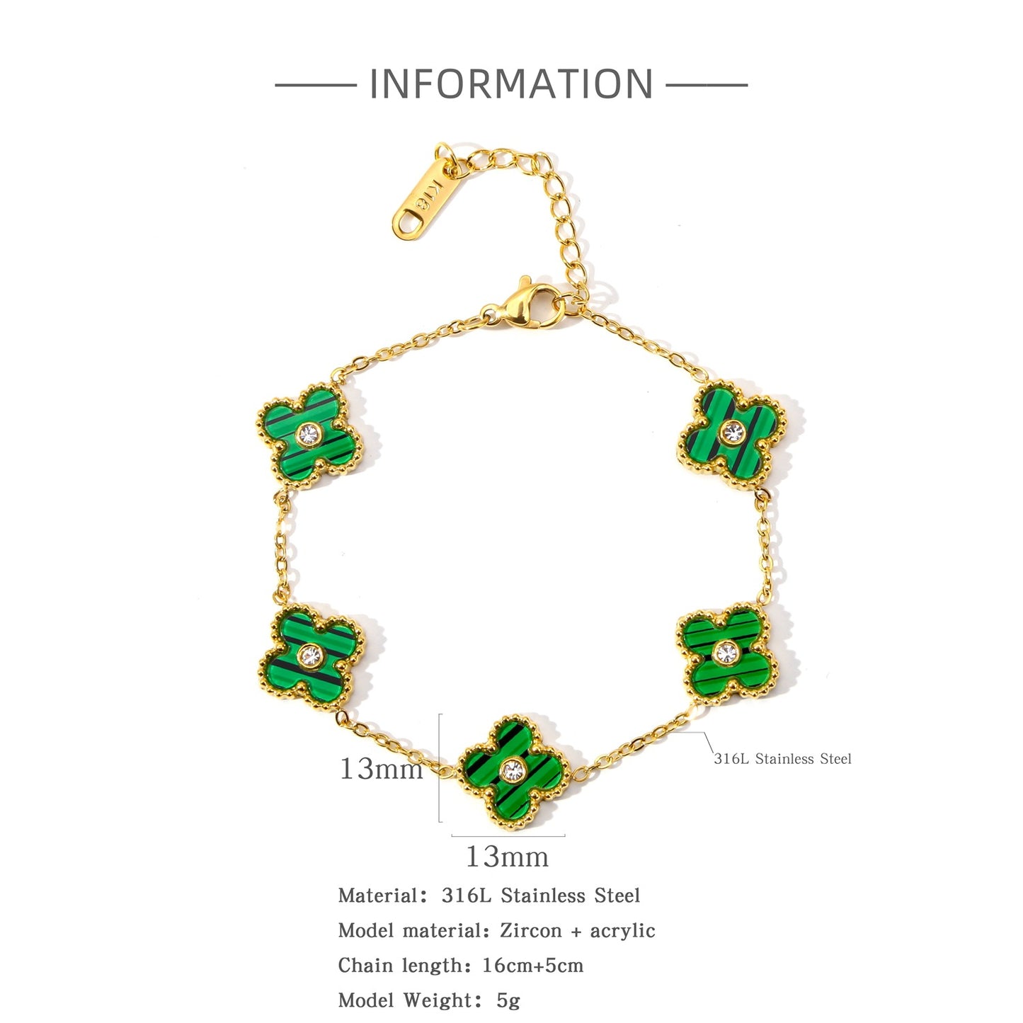 Bracelets Adultes Trèfle 4 feuilles - Mignon - Acier Inoxydable Plaqué Or & Zircon