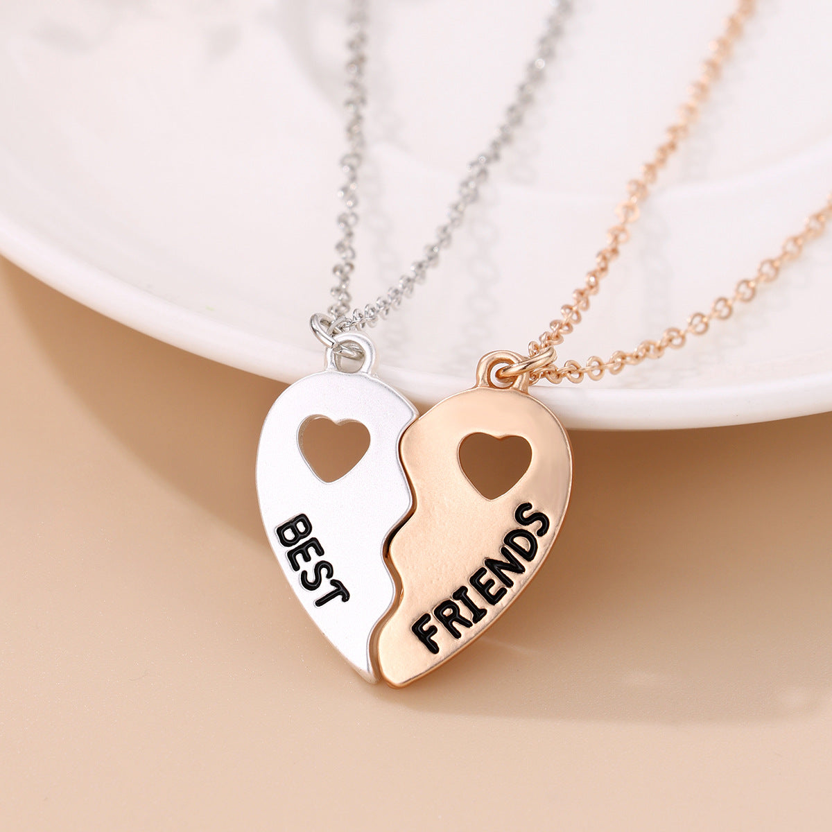 Set of 2 Heart Friendship Necklaces - BFF Best Friends Forever - Fantasy - Silver and Gold Pendant and Chain