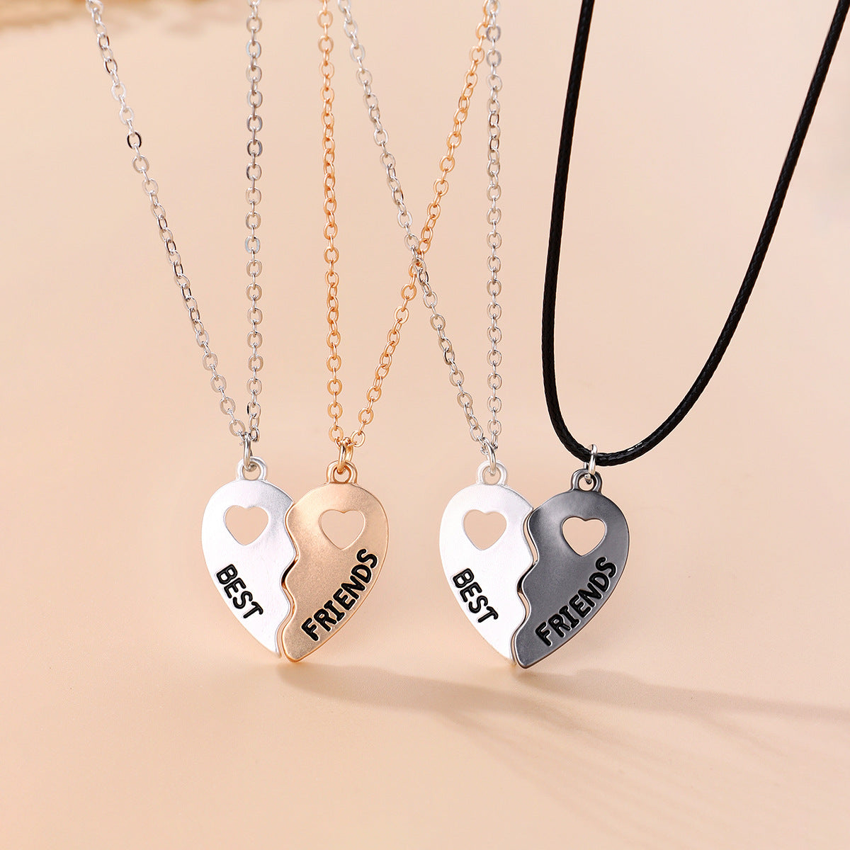 Set of 2 Heart Friendship Necklaces - BFF Best Friends Forever - Fantasy - Silver and Gold Pendant and Chain