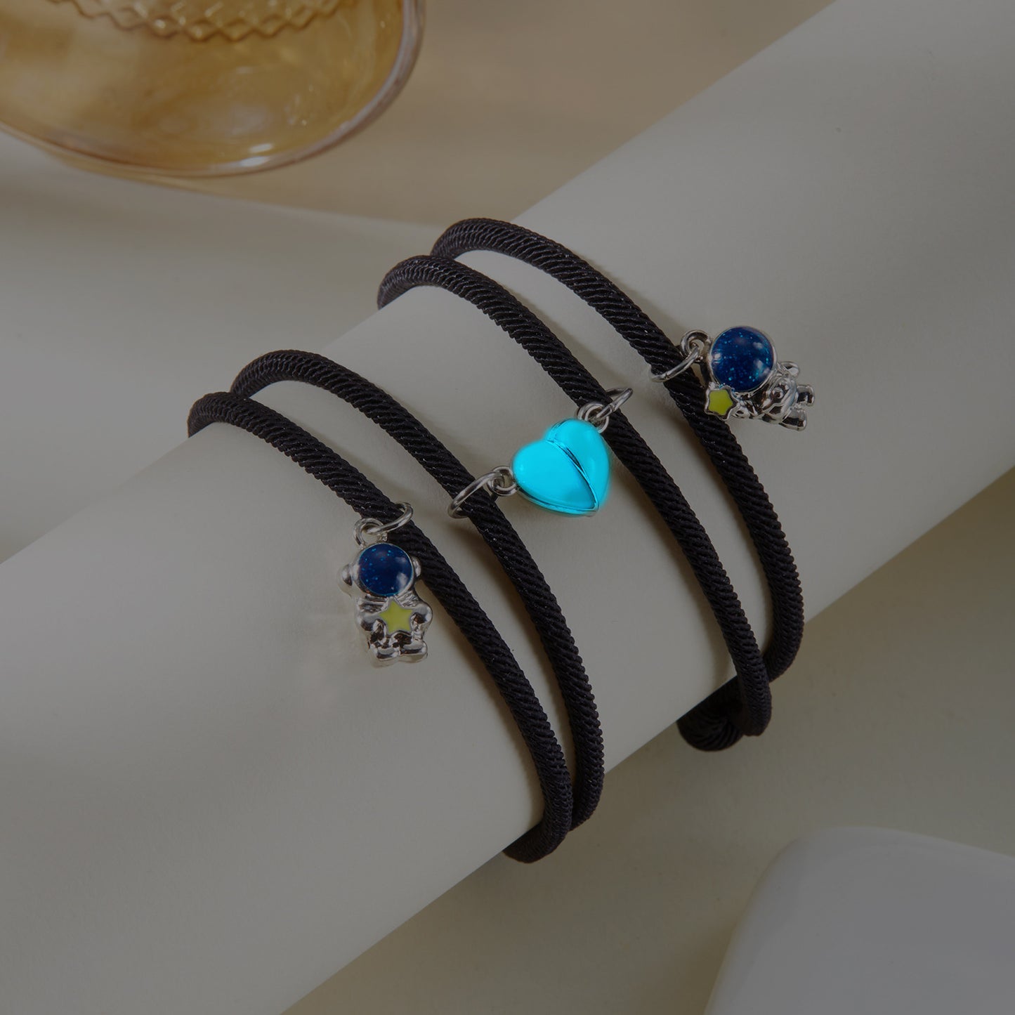 Lot de 2 Bracelets D'amitié Cordon Réglable - Mains Oeil ou Astronautes - Coeur Aimanté Phosphorescent - BFF - Amitié - Couple