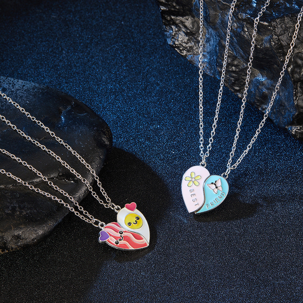 Lot de 2 Colliers D'amitié Aimanté - Coeur Ou Bacon Oeuf - BFF - Best Friends Forever - Amoureux Meilleurs Amis Couple Amitié