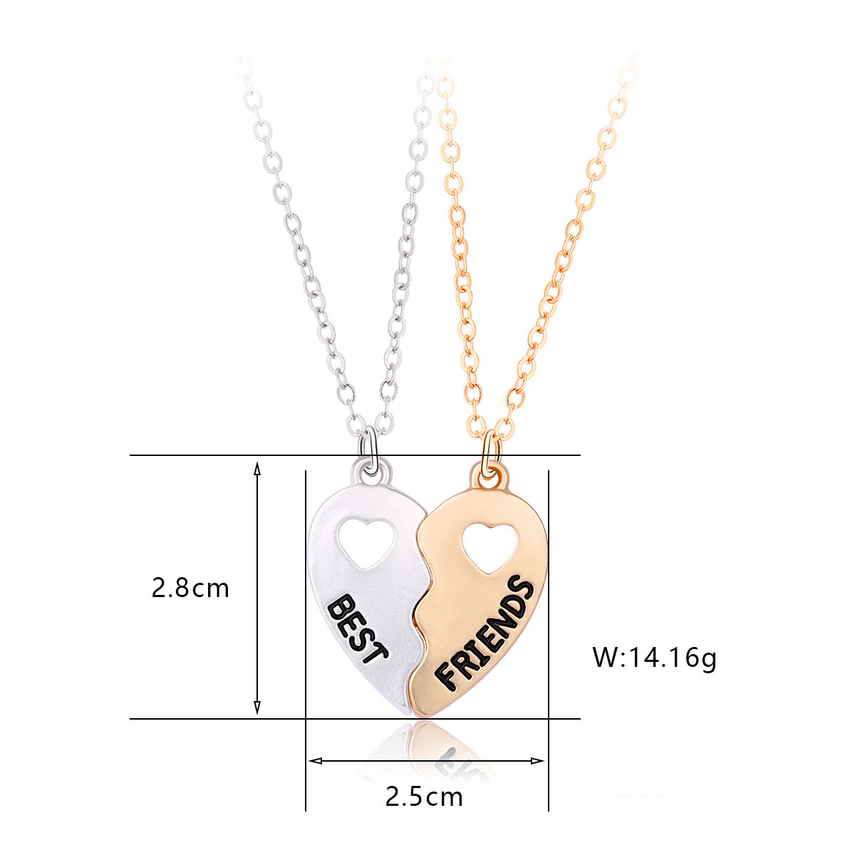Set of 2 Heart Friendship Necklaces - BFF Best Friends Forever - Fantasy - Silver and Gold Pendant and Chain