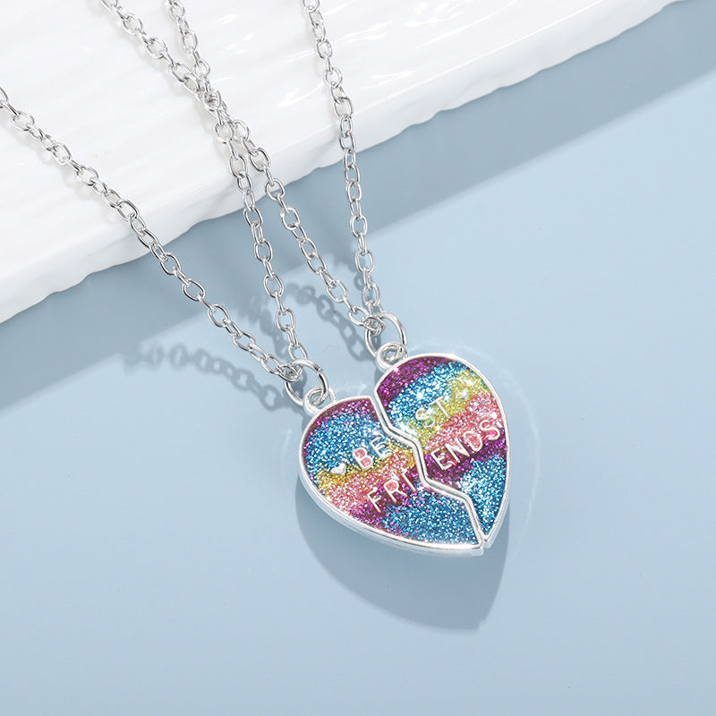 CHILDREN - Set of 2 Glitter Heart Friendship Necklace Chains - BFF Best Friends Forever - Fancy - Magnetic Pendant with Gold Chain