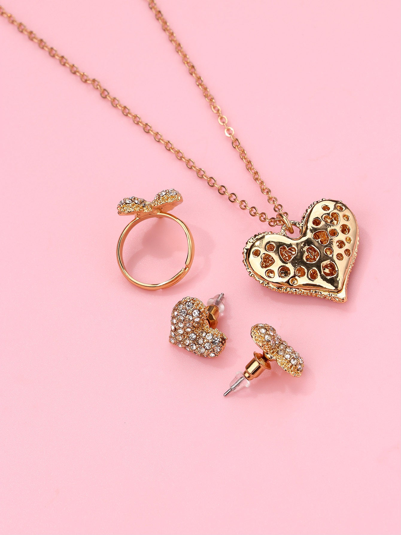Parure 3 pièces - Collier Boucles Oreilles Bague - Coeur Strass Diamant - Fantaisie - Amoureux - Mignon Doré Strass Saint Valentin