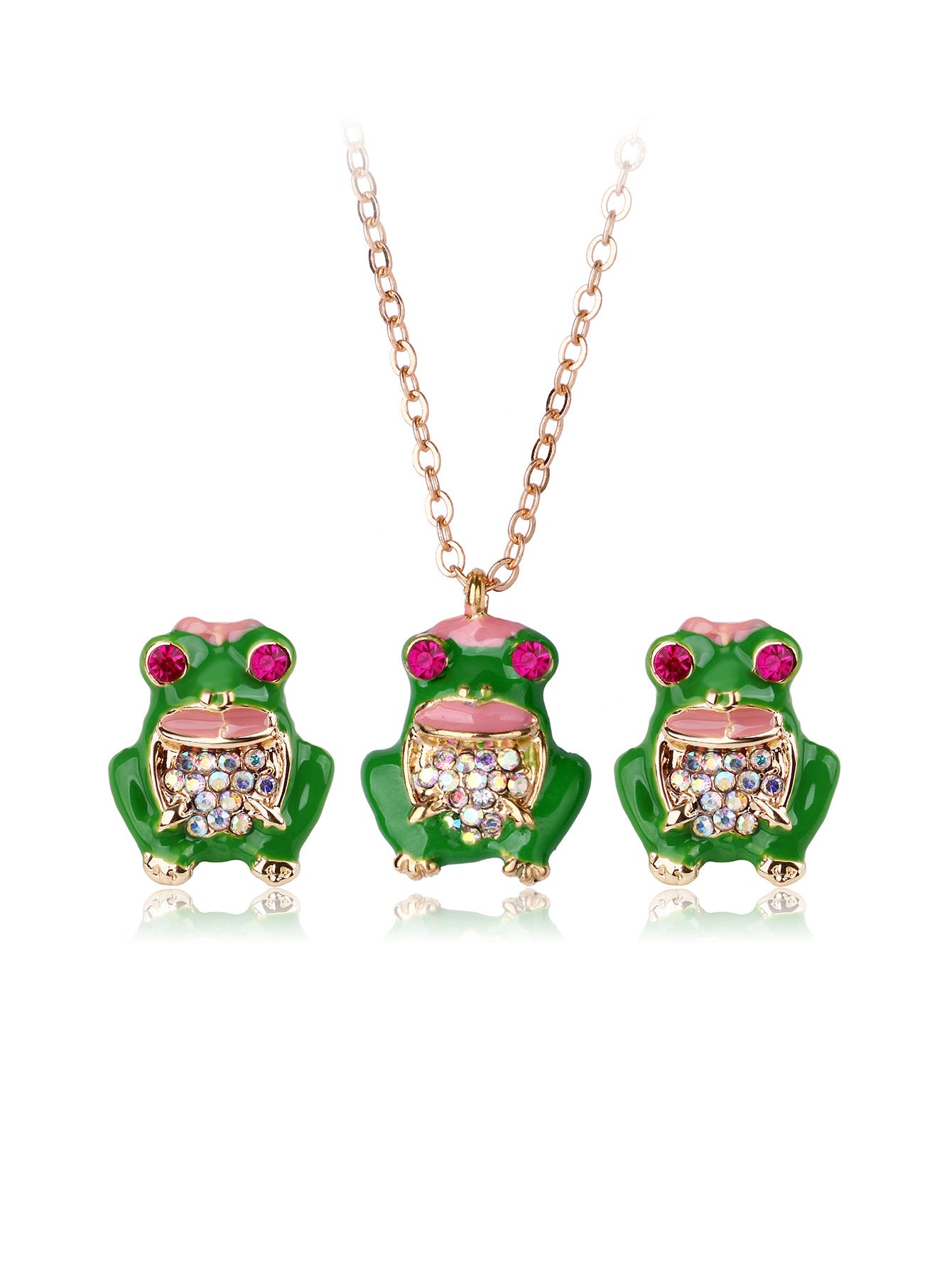 Parure 2 pièces avec Carte - Collier Boucles Oreilles - Grenouille Strass - Mignon Chaine Doré