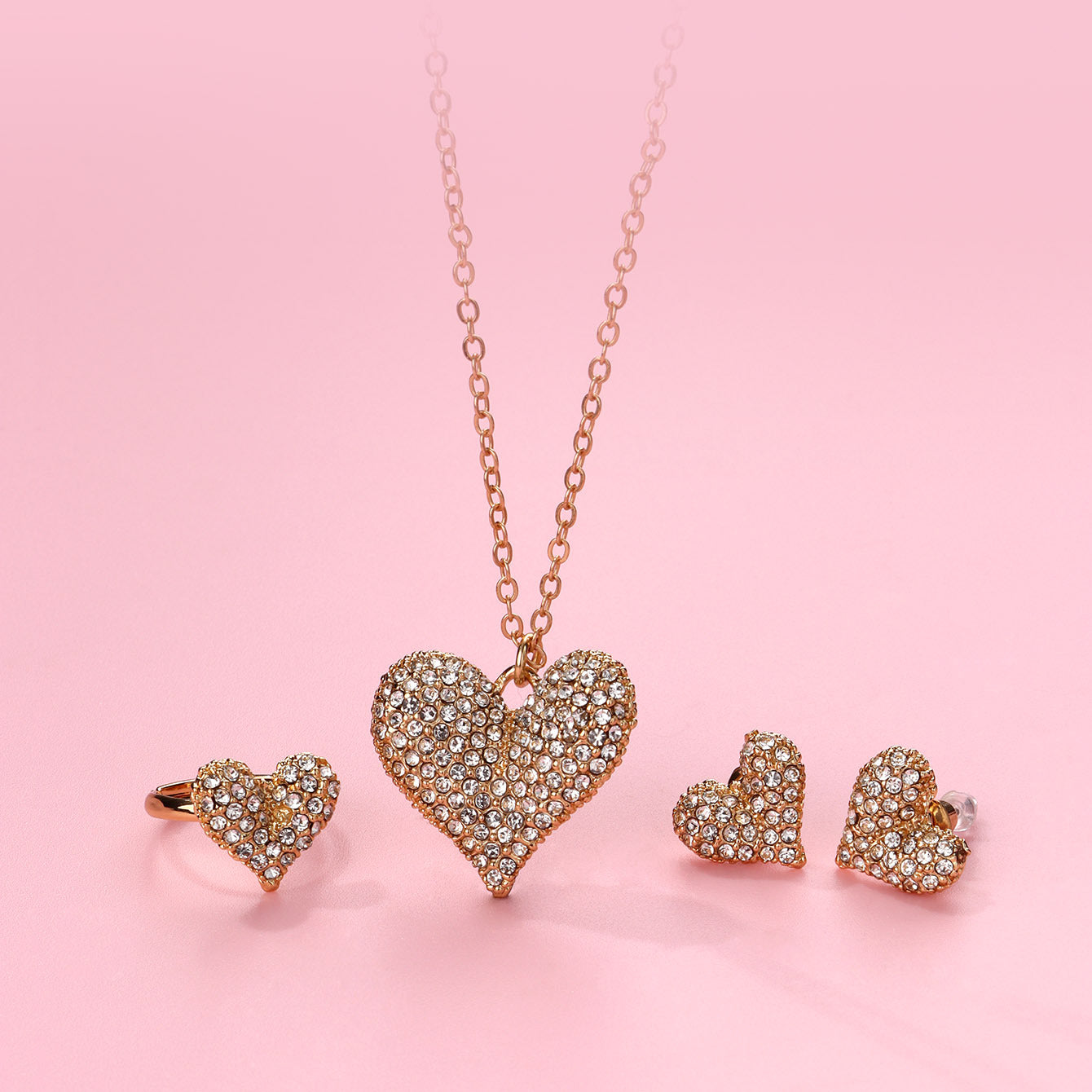 Parure 3 pièces - Collier Boucles Oreilles Bague - Coeur Strass Diamant - Fantaisie - Amoureux - Mignon Doré Strass Saint Valentin