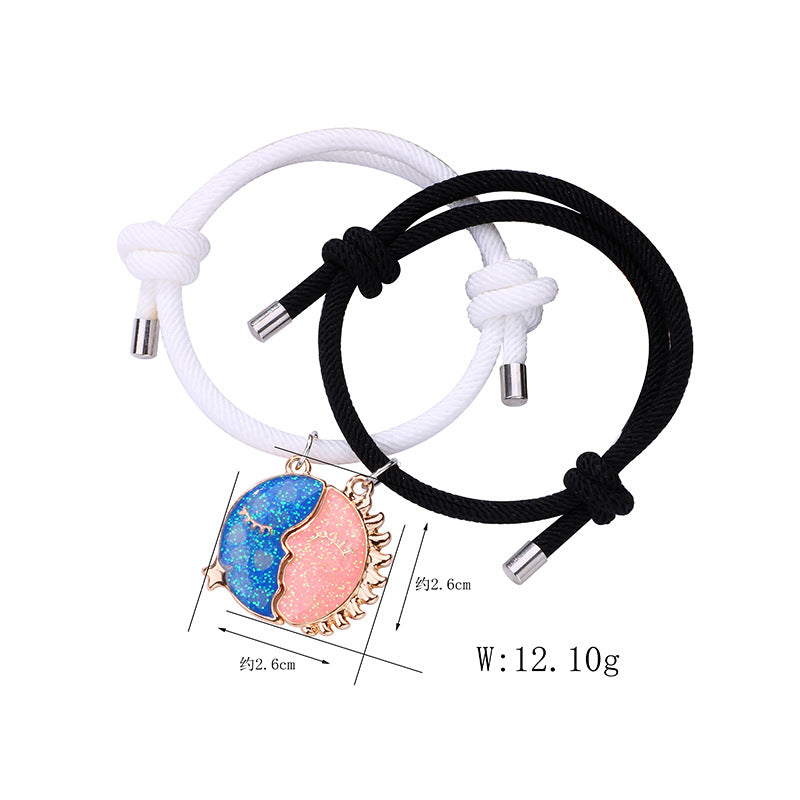 Lot de 2 Bracelets D'amitié Cordon Réglable - Lune Soleil qui s'embrasse - BFF - Best Friends Forever - Pendentif Aimanté - Amoureux Couple Amitié
