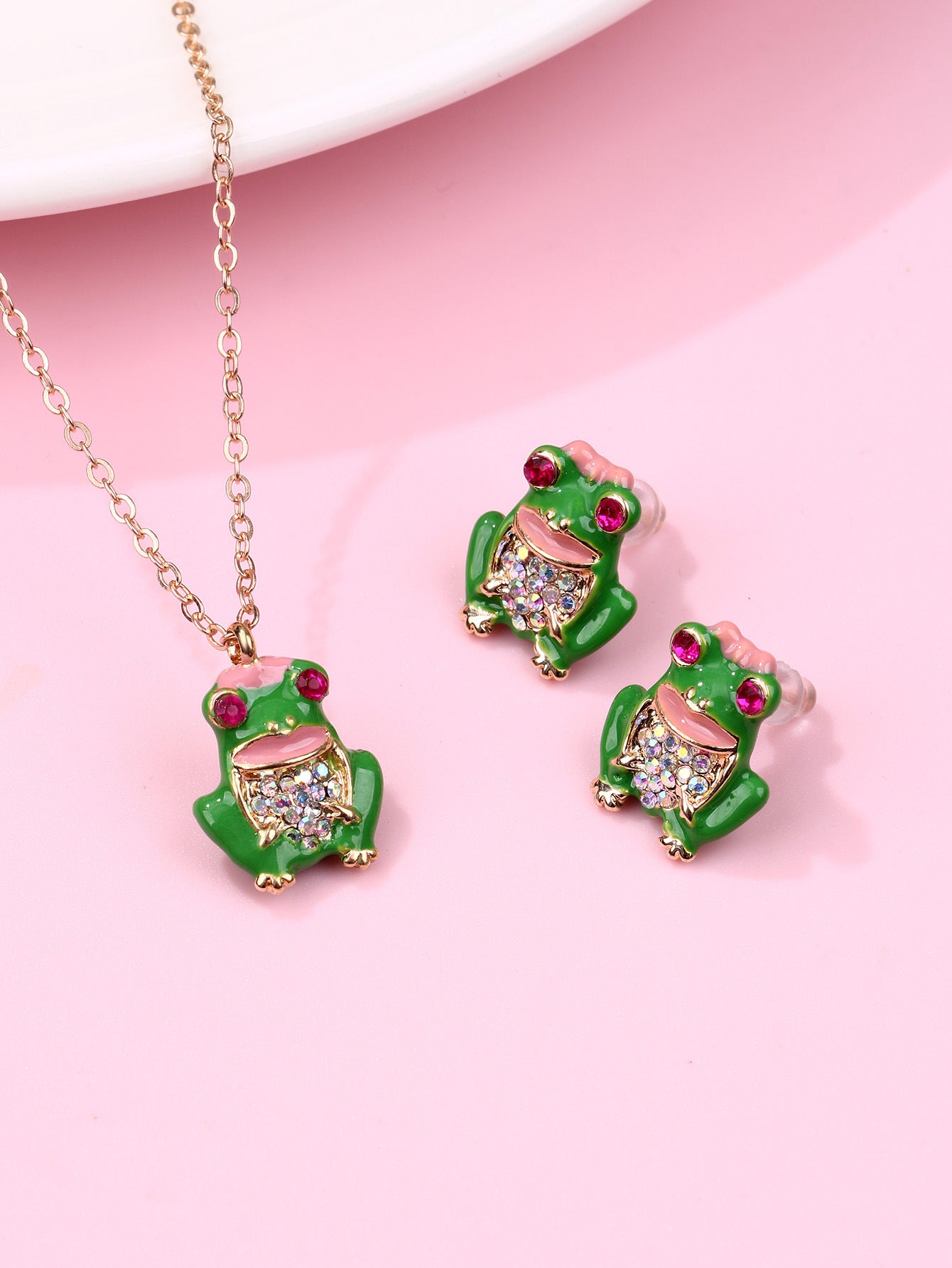 Parure 2 pièces avec Carte - Collier Boucles Oreilles - Grenouille Strass - Mignon Chaine Doré