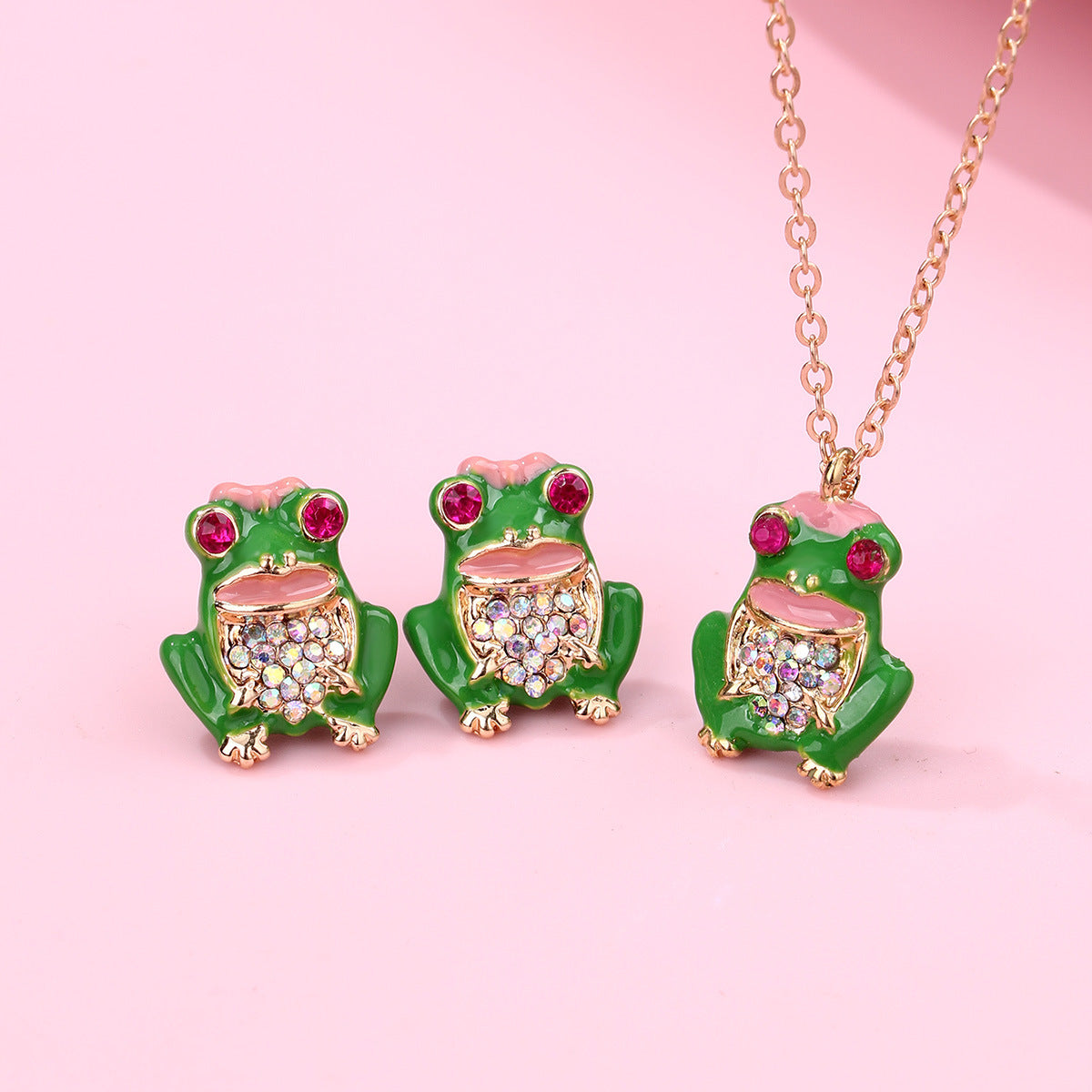 Parure 2 pièces avec Carte - Collier Boucles Oreilles - Grenouille Strass - Mignon Chaine Doré