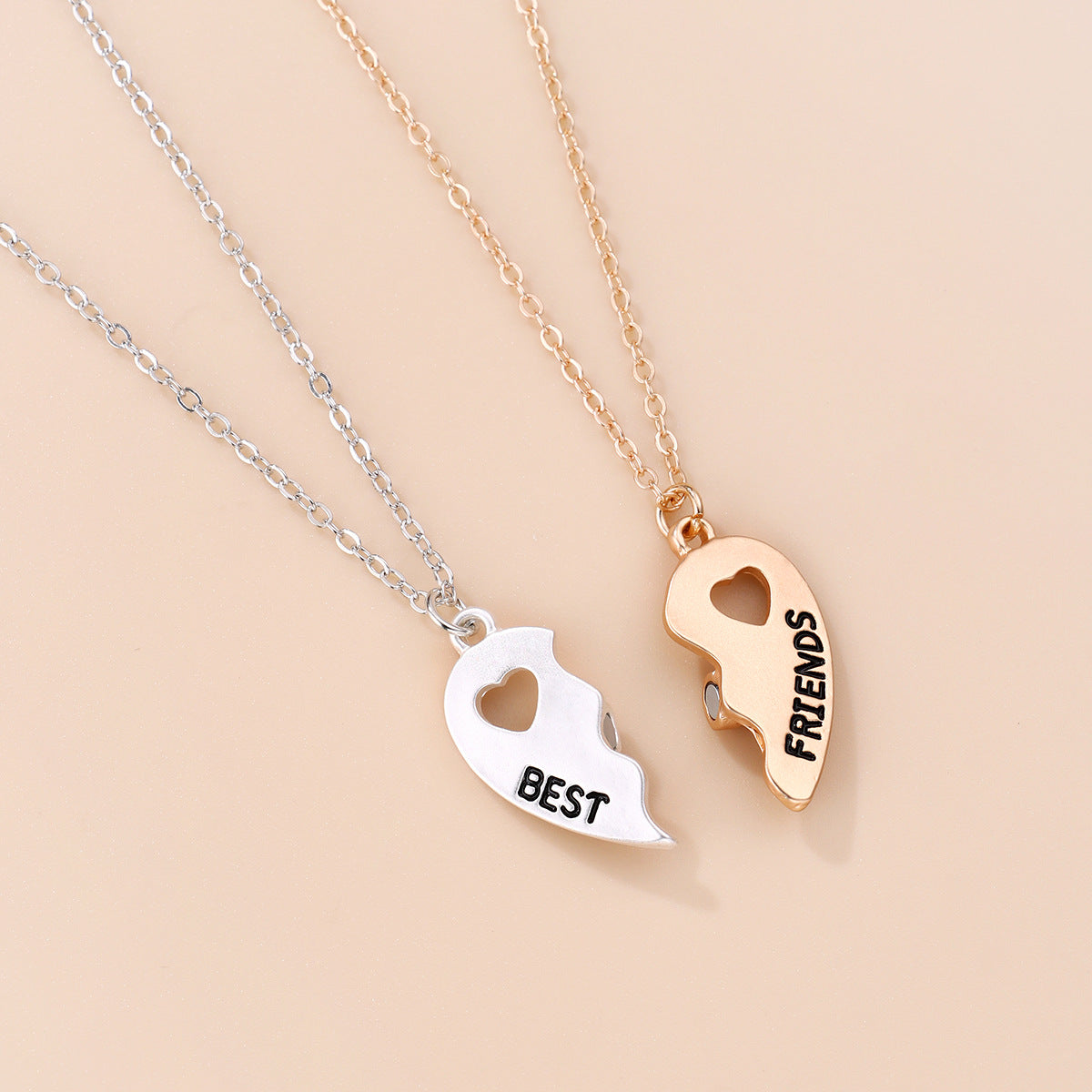 Set of 2 Heart Friendship Necklaces - BFF Best Friends Forever - Fantasy - Silver and Gold Pendant and Chain